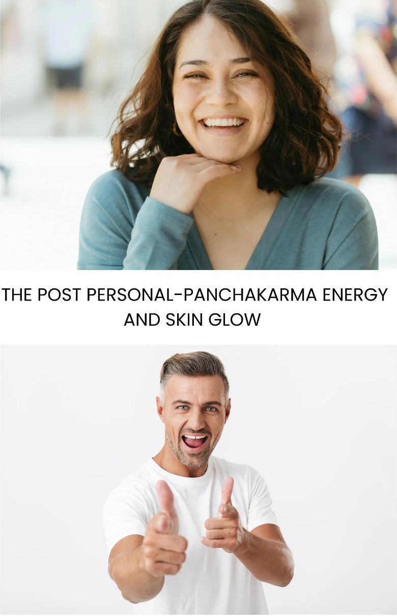 Two people with text about personal panchakarma energy and skin glow.